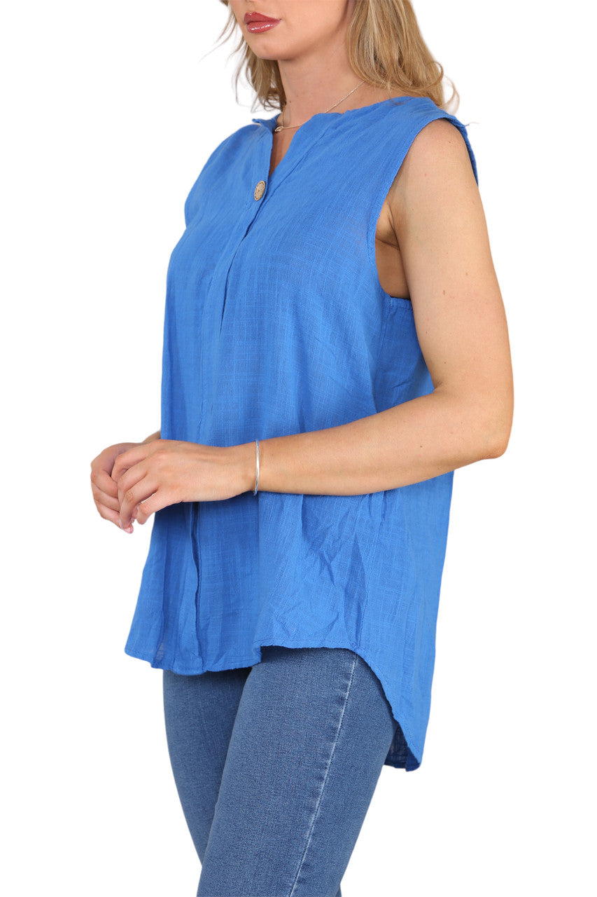 Ladies Grandad Collar Sleeveless Top Royal Blue
