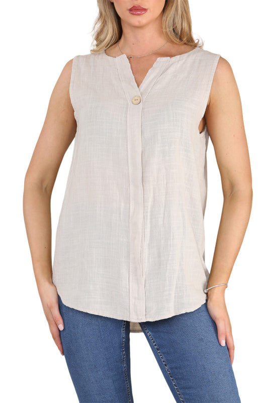 Ladies Grandad Collar Sleeveless Top Stone