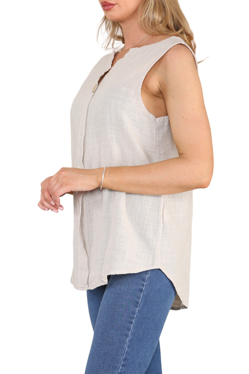 Ladies Grandad Collar Sleeveless Top Stone
