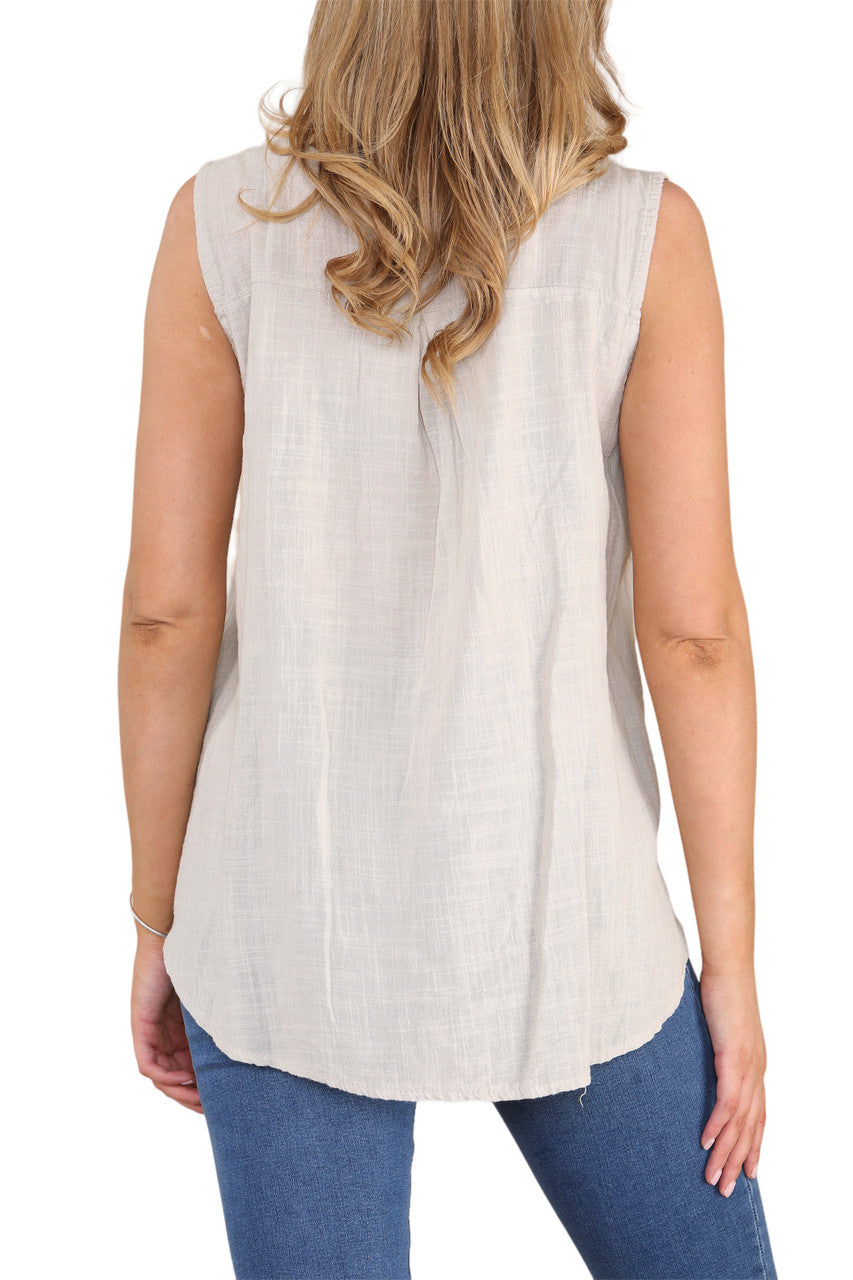 Ladies Grandad Collar Sleeveless Top Stone