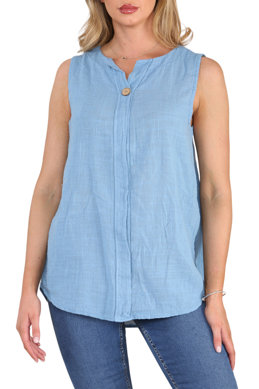 Ladies Grandad Collar Sleeveless Top Denim
