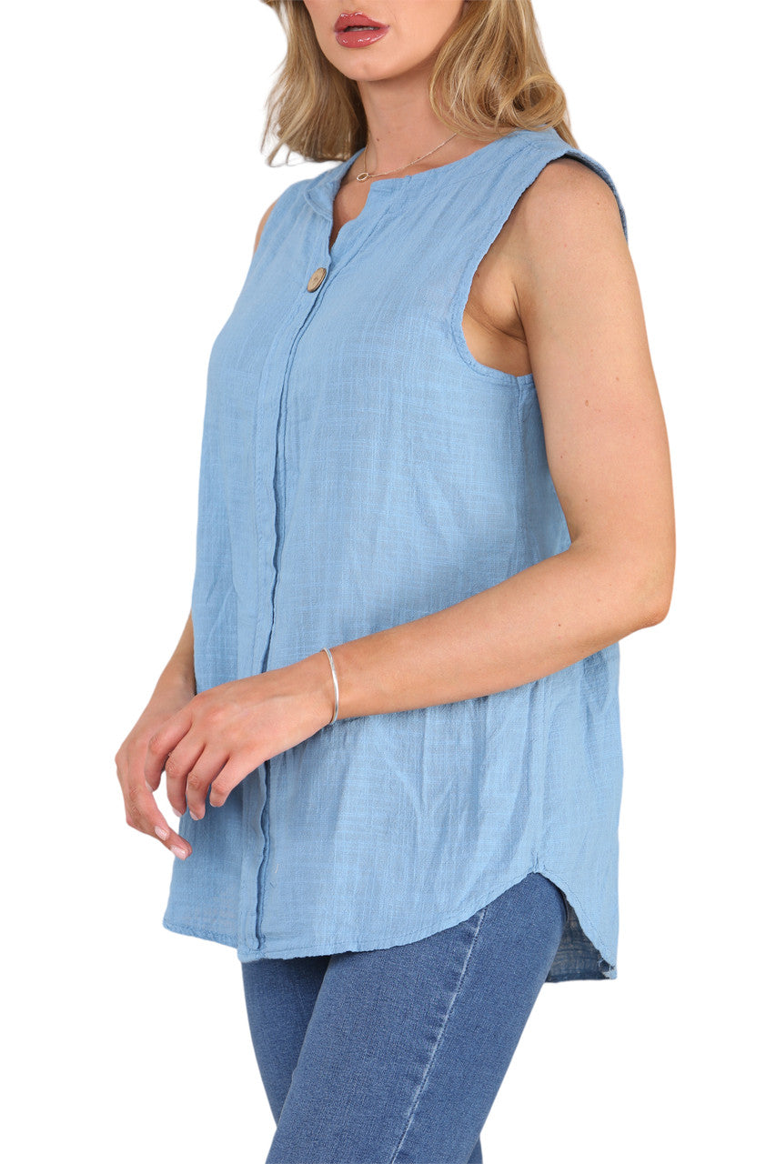 Ladies Grandad Collar Sleeveless Top Denim