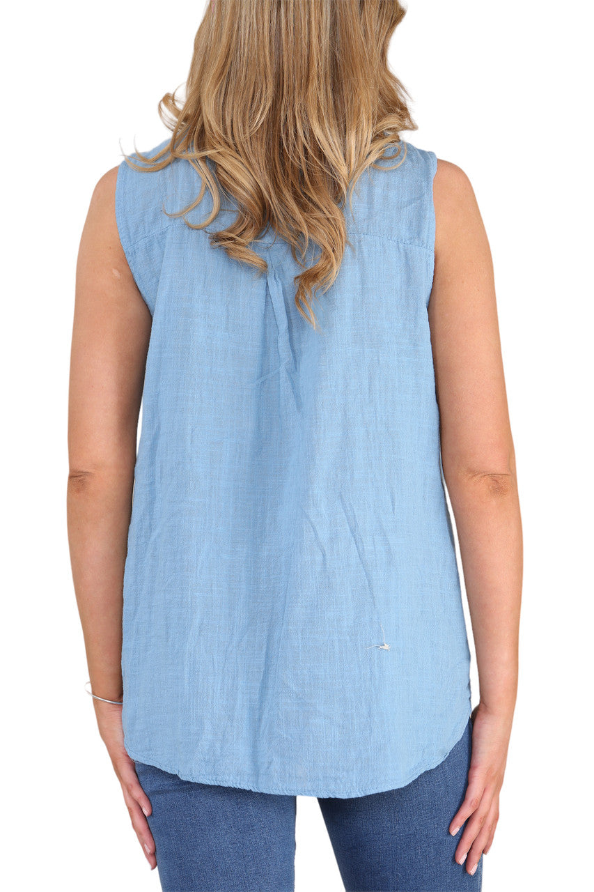 Ladies Grandad Collar Sleeveless Top Denim