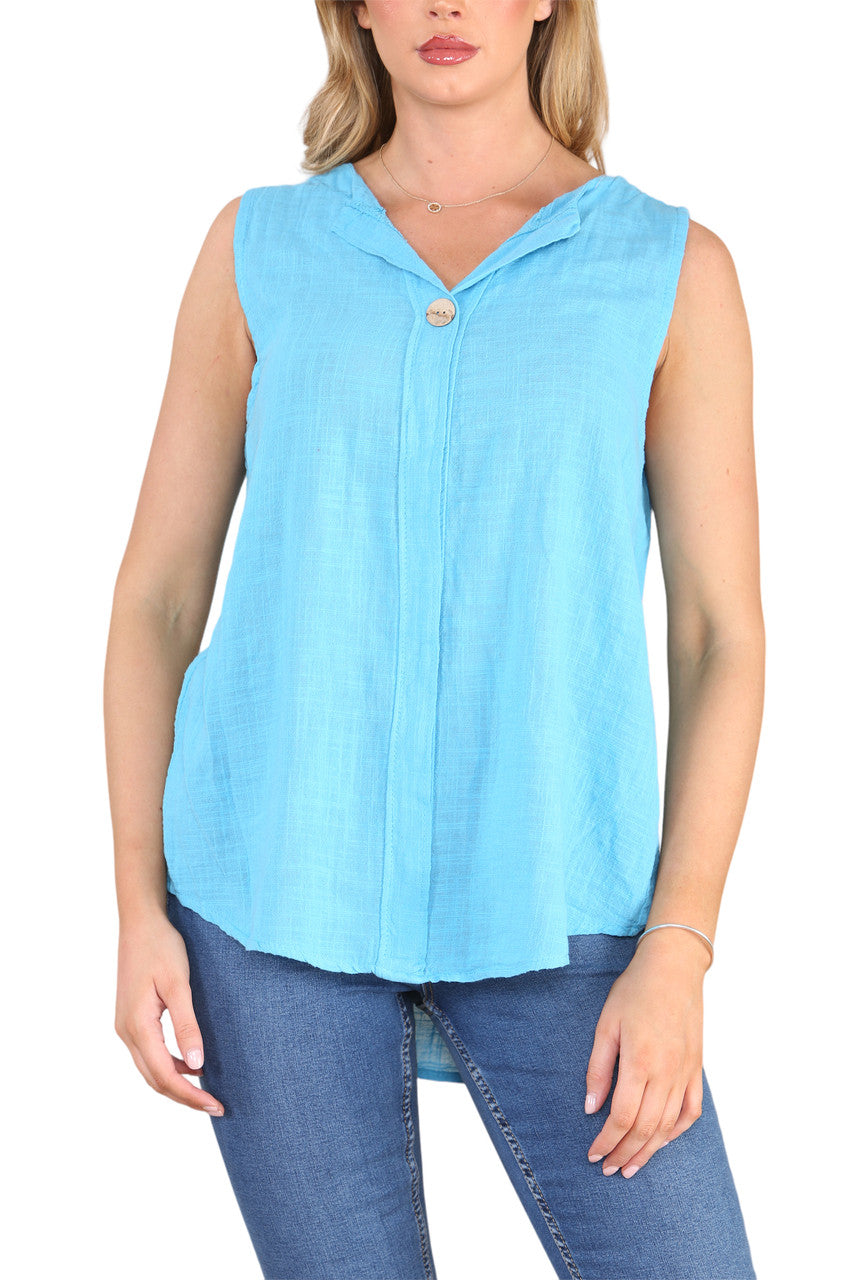 GRANDAD KRAAG KNOP HALS MOUWLOOS VEST TOP TURQUOISE