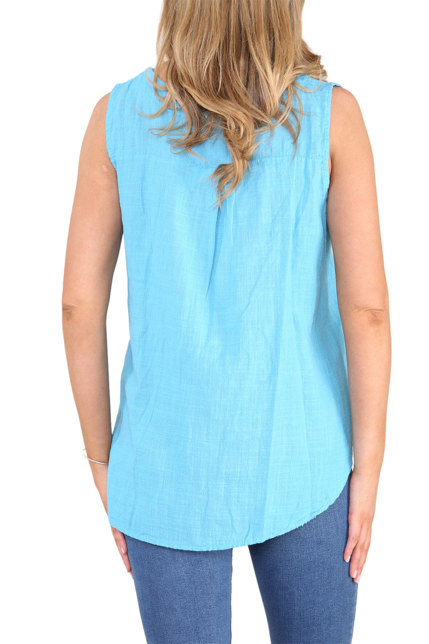 GRANDAD KRAAG KNOP HALS MOUWLOOS VEST TOP TURQUOISE