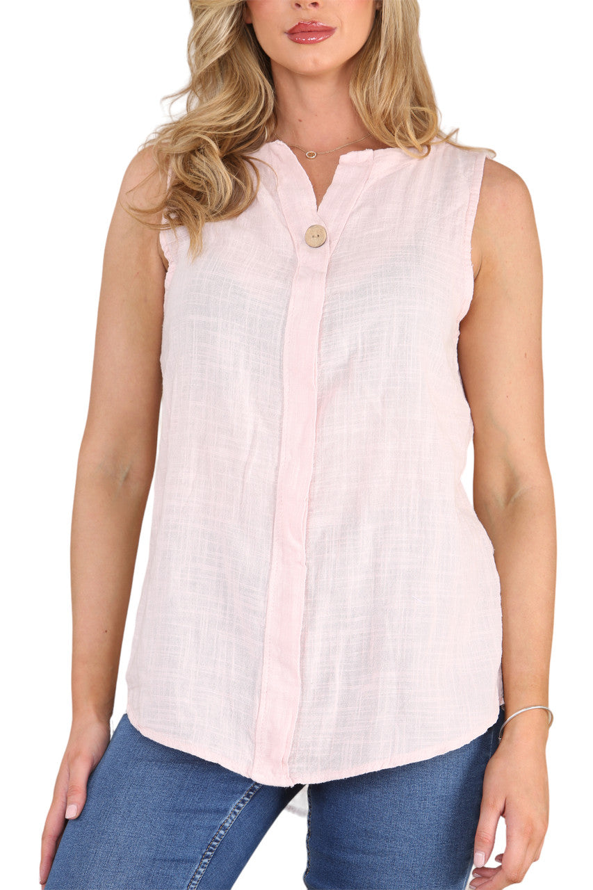 Ladies Grandad Collar Sleeveless Top Dusty Pink