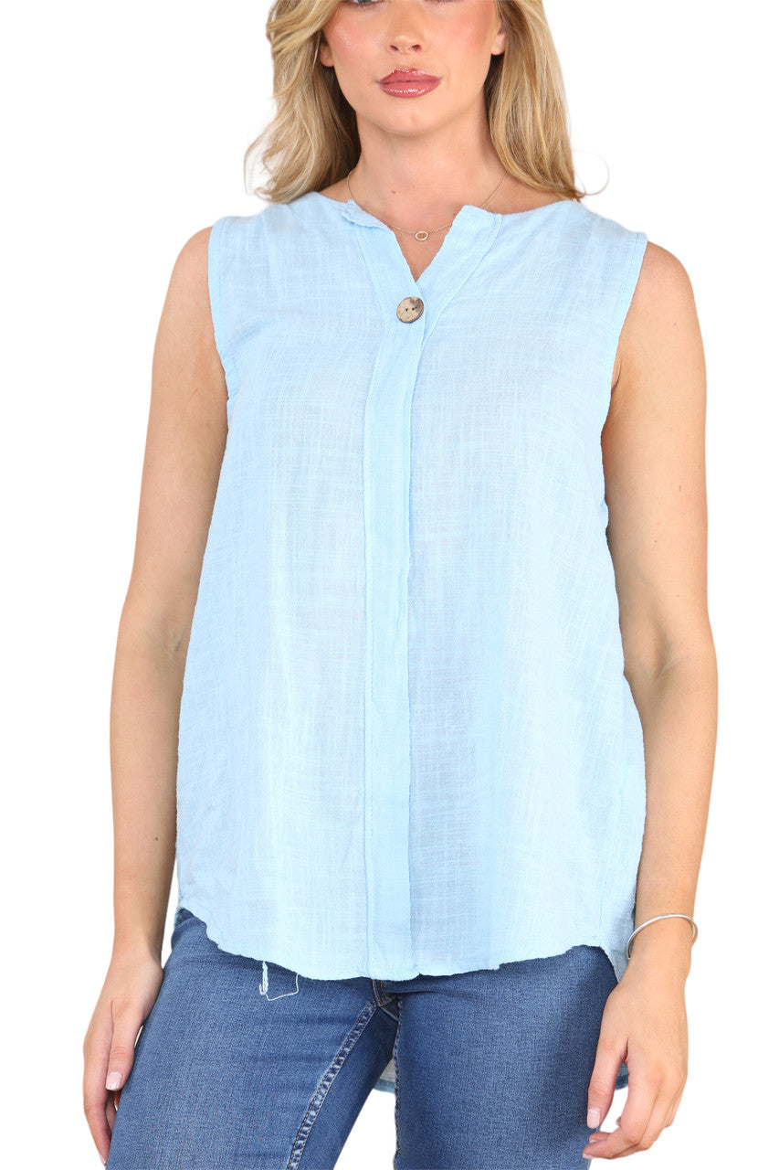 Ladies Grandad Collar Sleeveless Top Light Blue