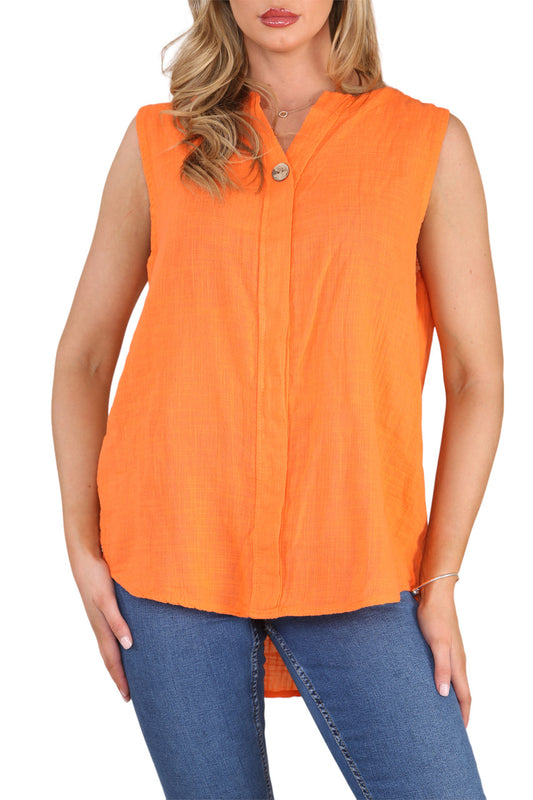 Ladies Grandad Collar Sleeveless Top Orange