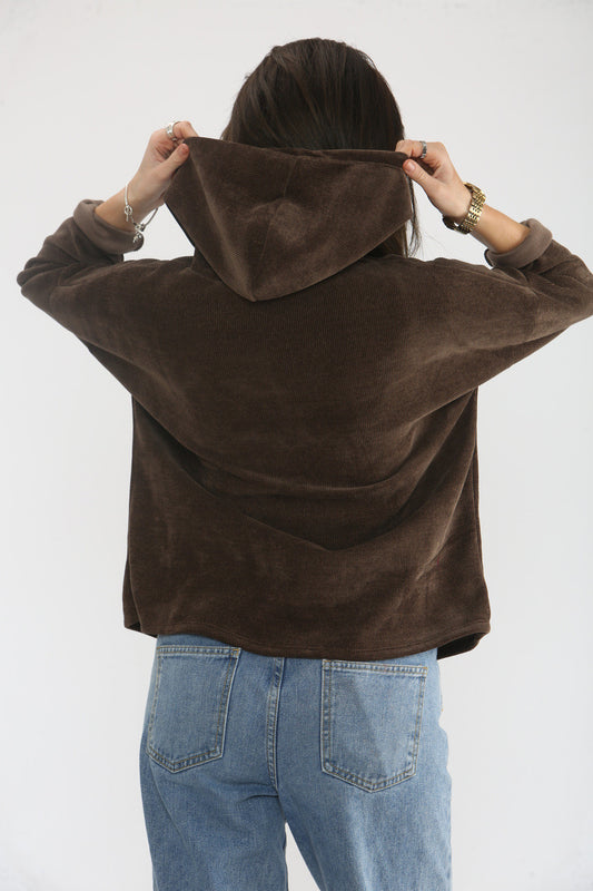 EMBOSSED VINTAGE CORDUROY HOODED TOP - BROWN