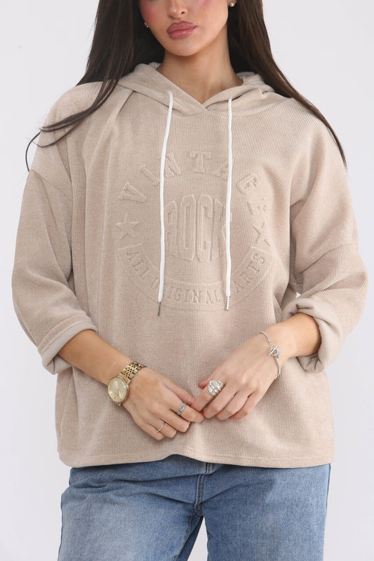 EMBOSSED VINTAGE CORDUROY HOODED TOP - BEIGE