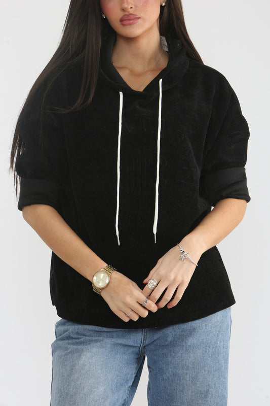 EMBOSSED VINTAGE CORDUROY HOODED TOP - BLACK