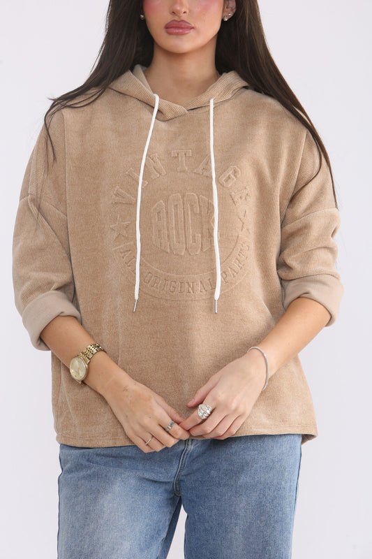 EMBOSSED VINTAGE CORDUROY HOODED TOP - CAMEL