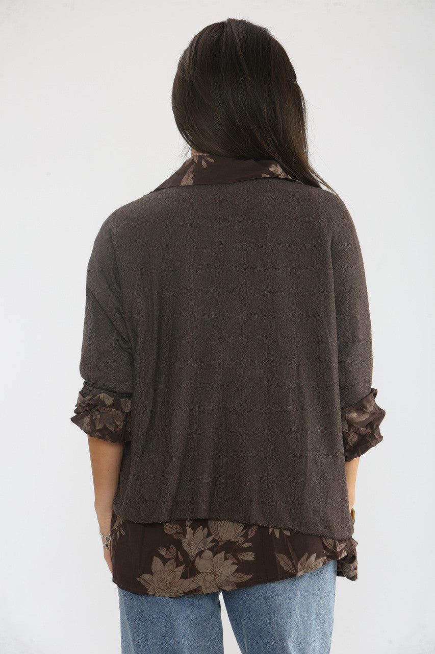 2 IN 1 FLORAL SHIRT WITH JUMPER & SCARF - BROWN