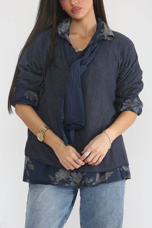 2-IN-1 SHIRT MET BLOMMENPRINT, TRUI & SJAAL - MARINEBLAUW