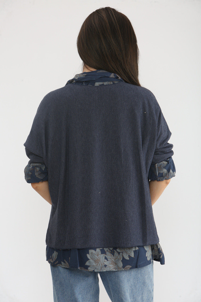 2 IN 1 FLORAL SHIRT WITH JUMPER & SCARF - NAVY