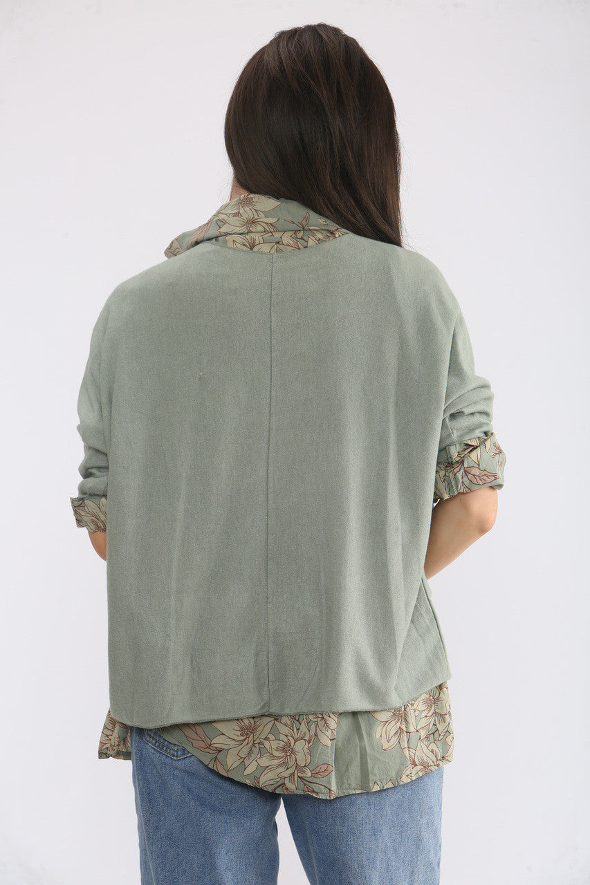 2-IN-1 FLORALE BLOUSE MET TRUI EN SJAAL - KHAKI
