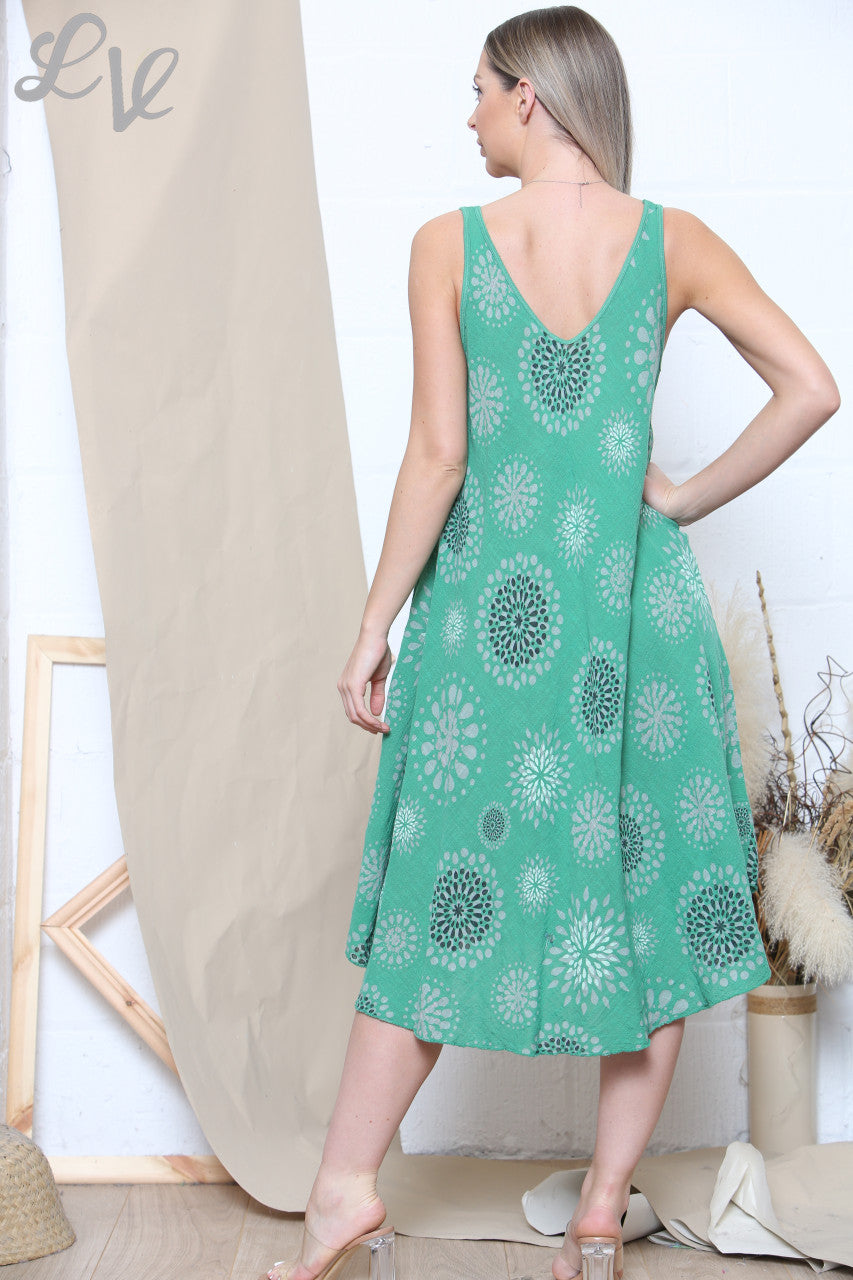 Ladies Dot Circle Print Sleeveless Dress Green