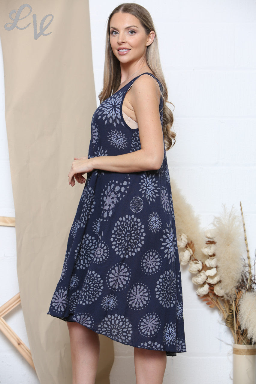 Ladies Dot Circle Print Sleeveless Dress Navy