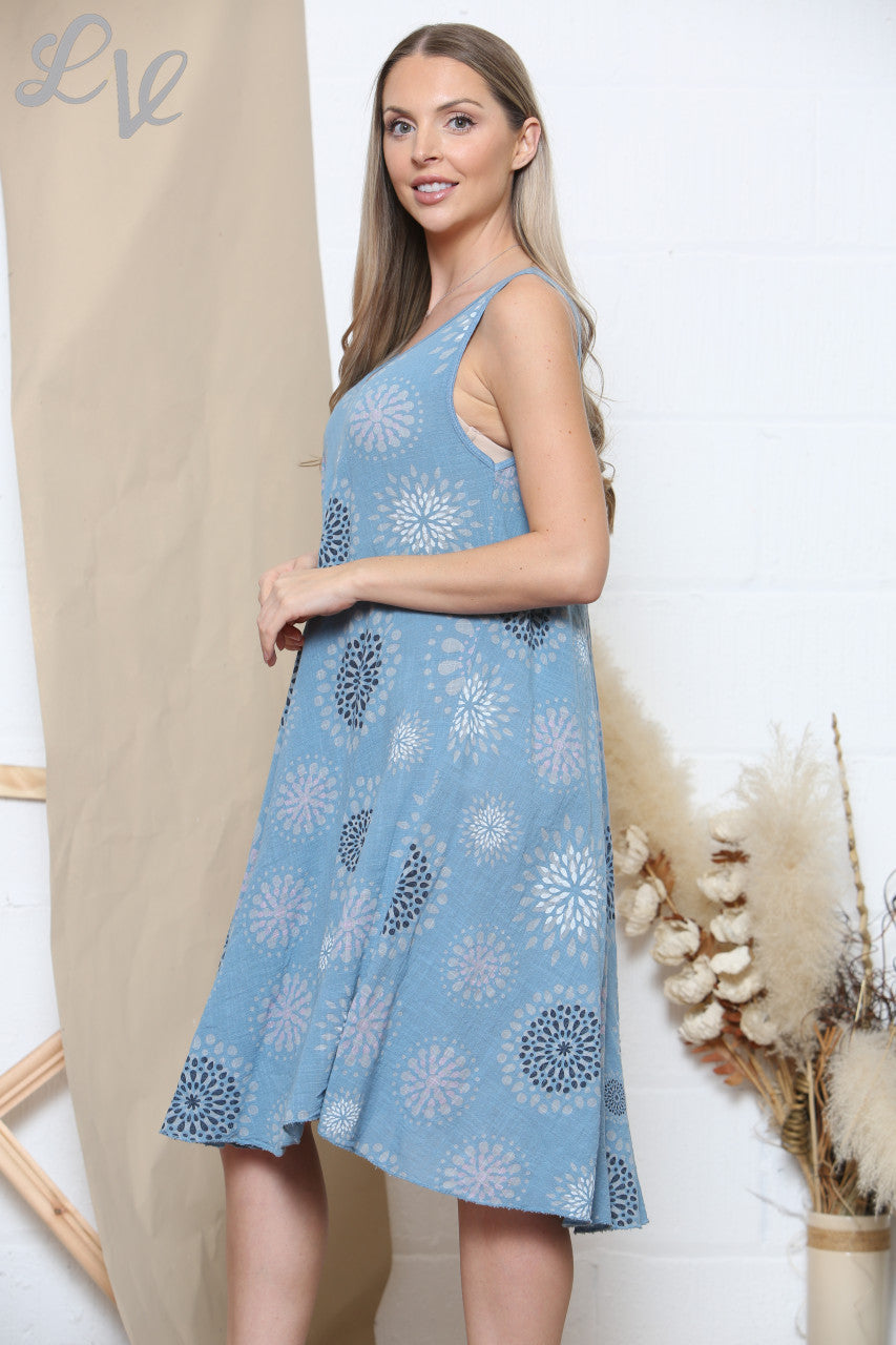 Ladies Dot Circle Print Sleeveless Dress Denim