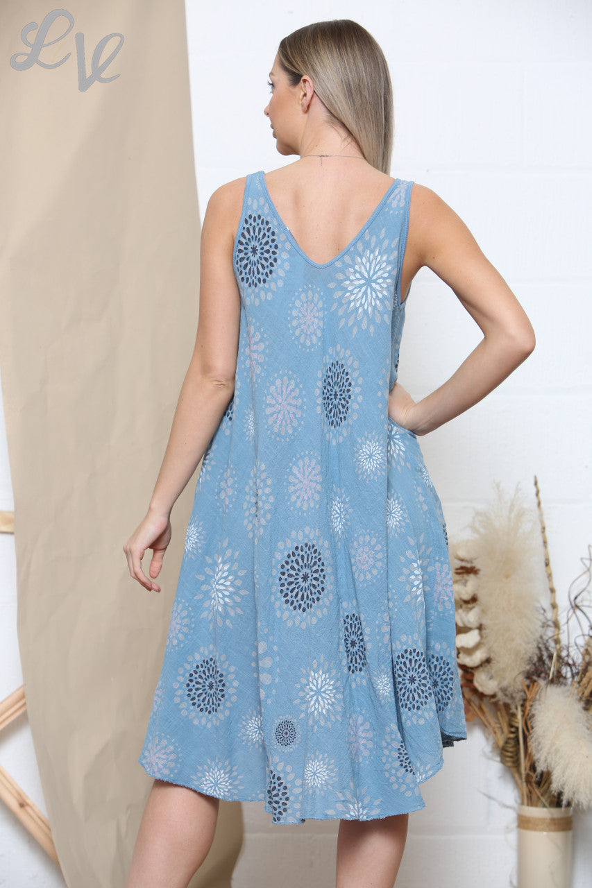Ladies Dot Circle Print Sleeveless Dress Denim