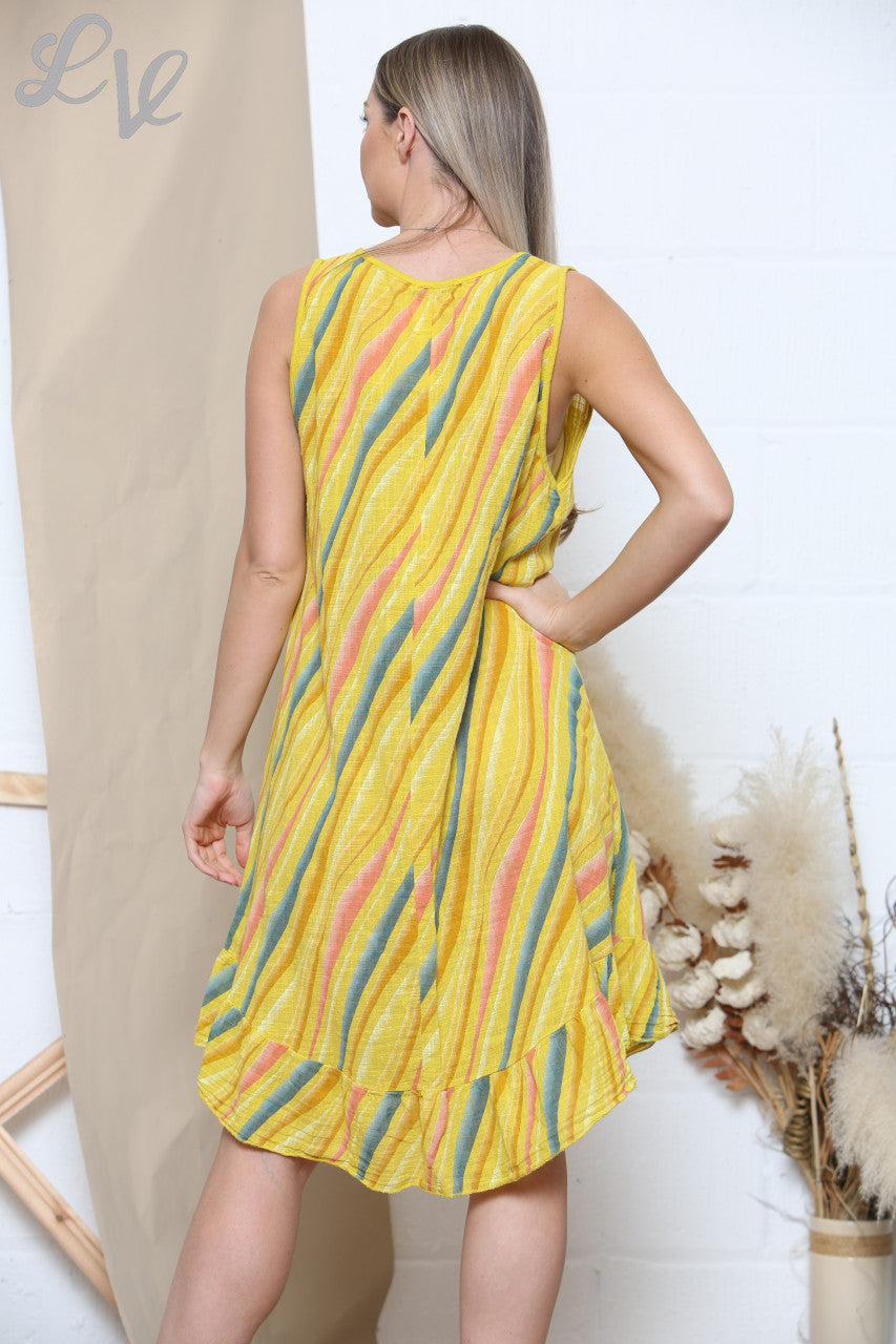 Dames Mouwloze Jurk met Strepenprint Mosterdgeel
