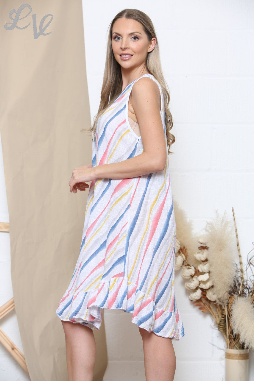 Ladies Stripes Print Sleeveless Dress White