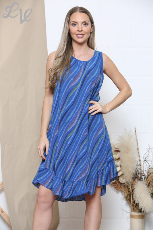 Dames mouwloze jurk met strepenprint koningsblauw