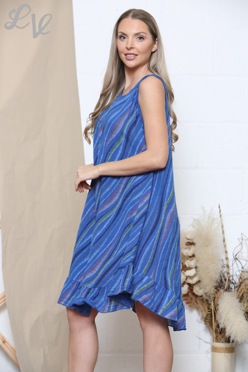 Ladies Stripes Print Sleeveless Dress Royal Blue