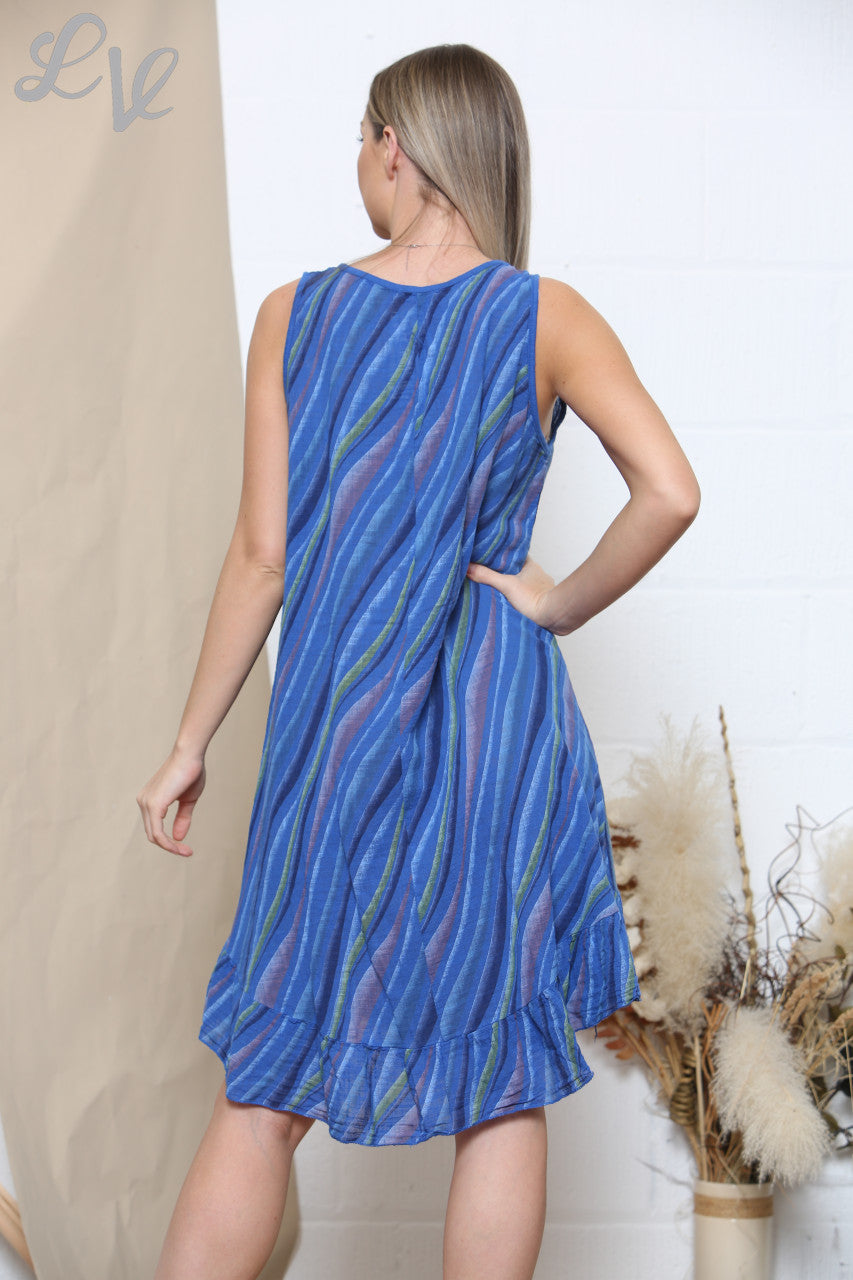 Ladies Stripes Print Sleeveless Dress Royal Blue