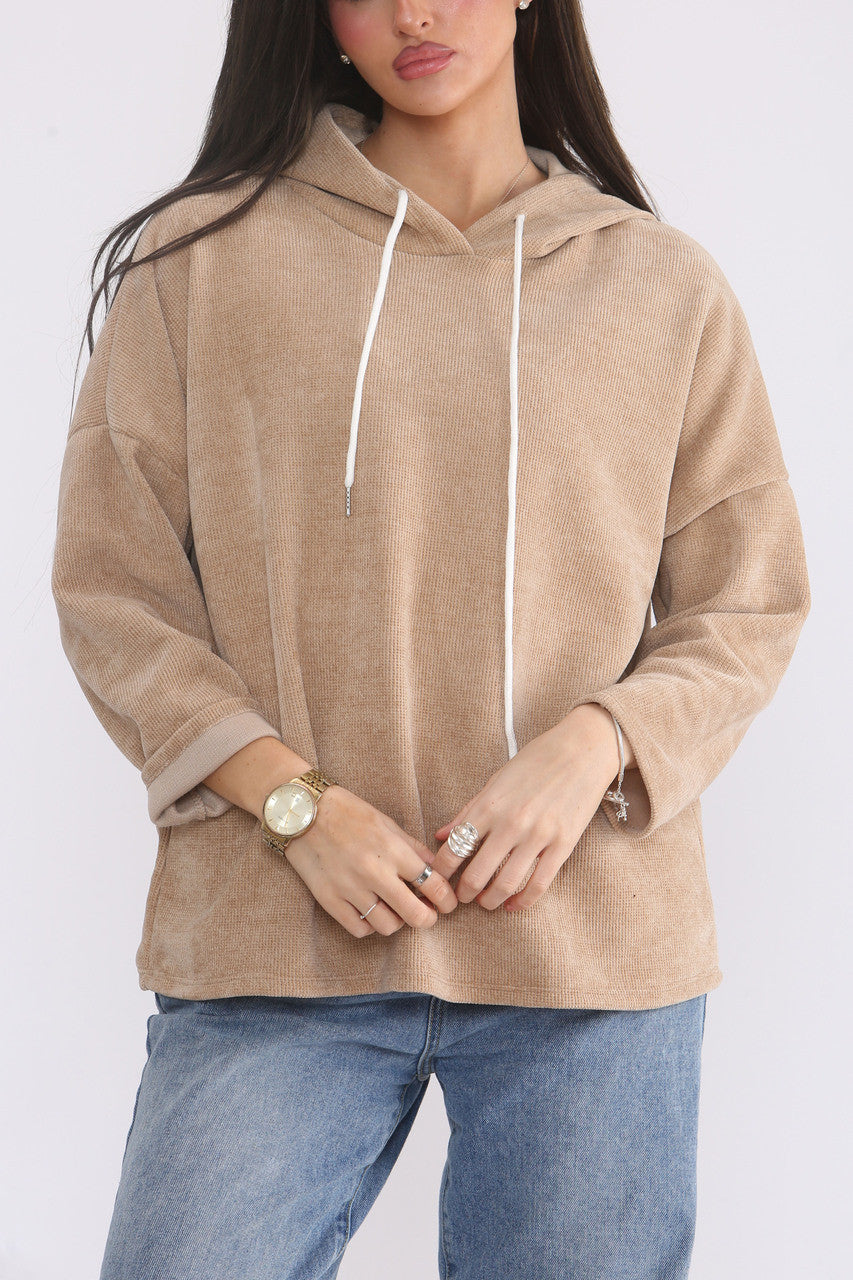 CORDUROY TOP MET CAPUCHON - CAMEL