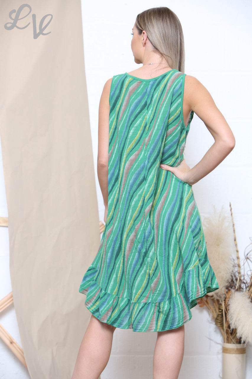 Ladies Stripes Print Sleeveless Dress Green