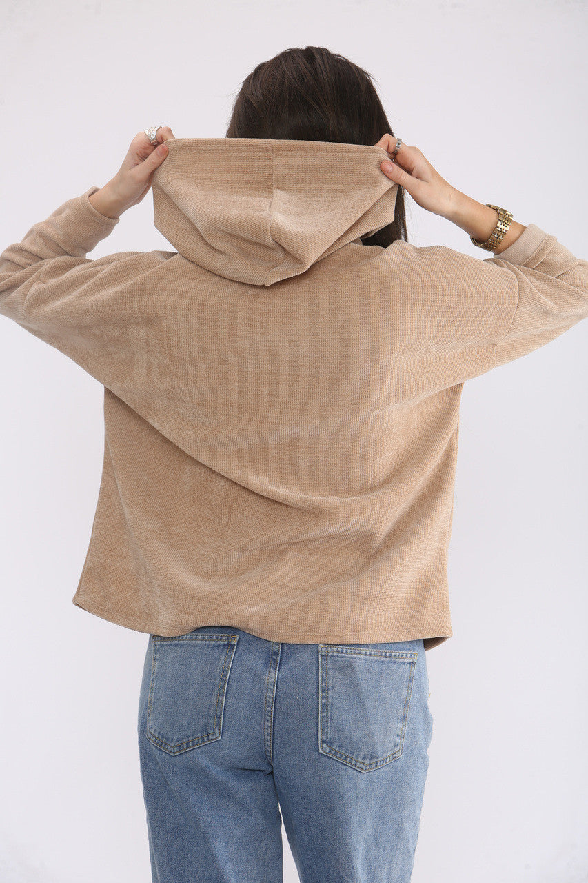 CORDUROY TOP MET CAPUCHON - CAMEL