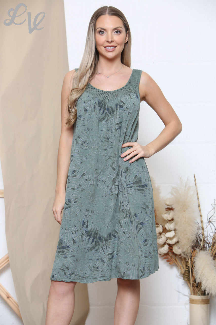 Ladies Abstract Print Sleeveless Swing Dress Khaki