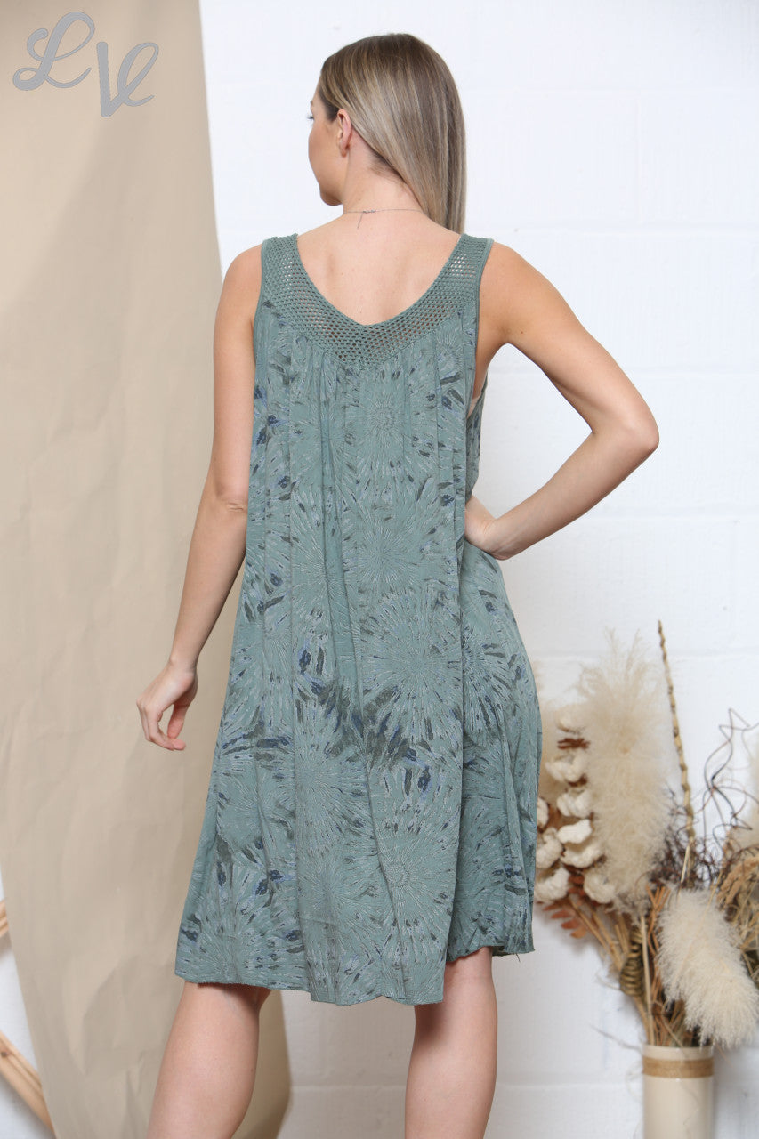 Ladies Abstract Print Sleeveless Swing Dress Khaki