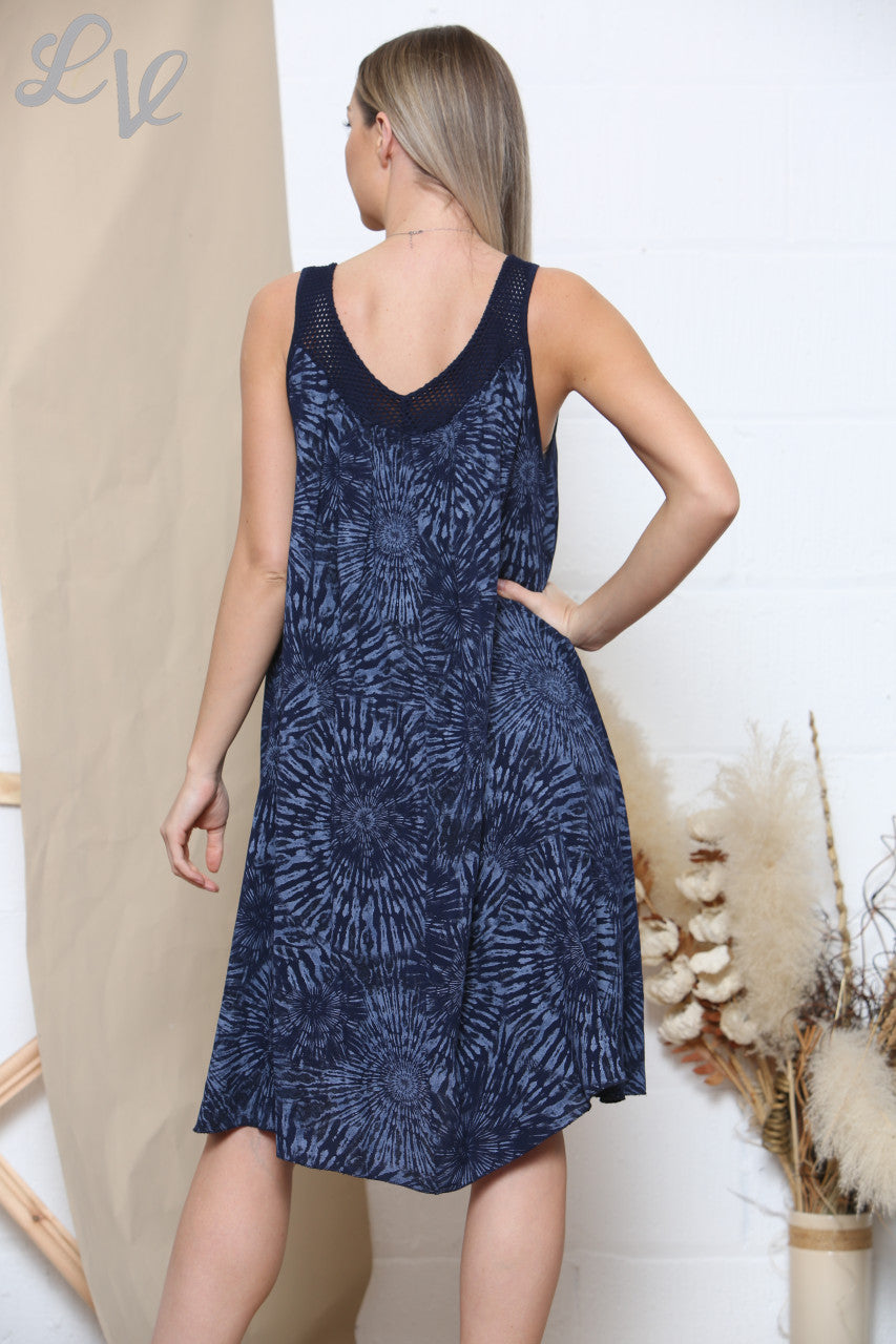 Ladies Abstract Print Sleeveless Swing Dress Navy