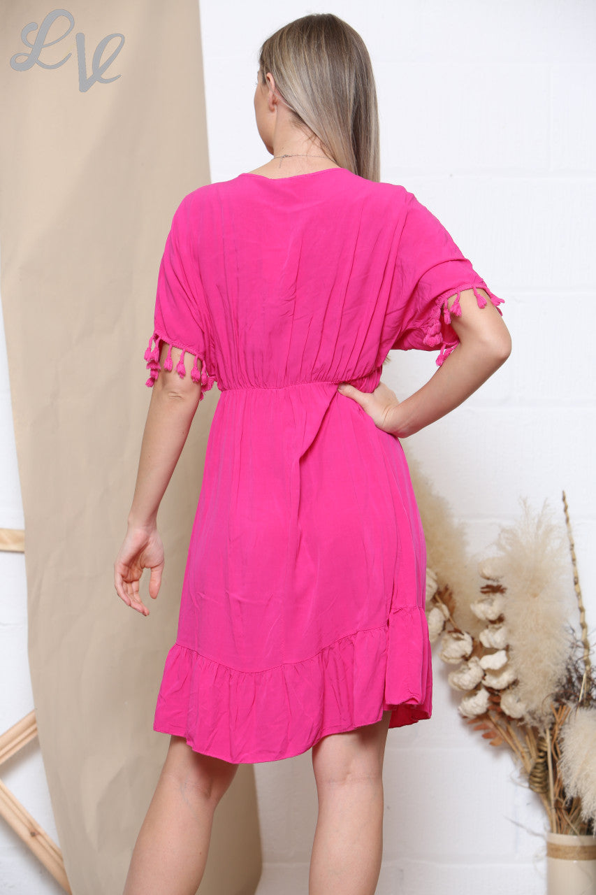 Ladies Tie Front Tassel Detail Dress Cerise