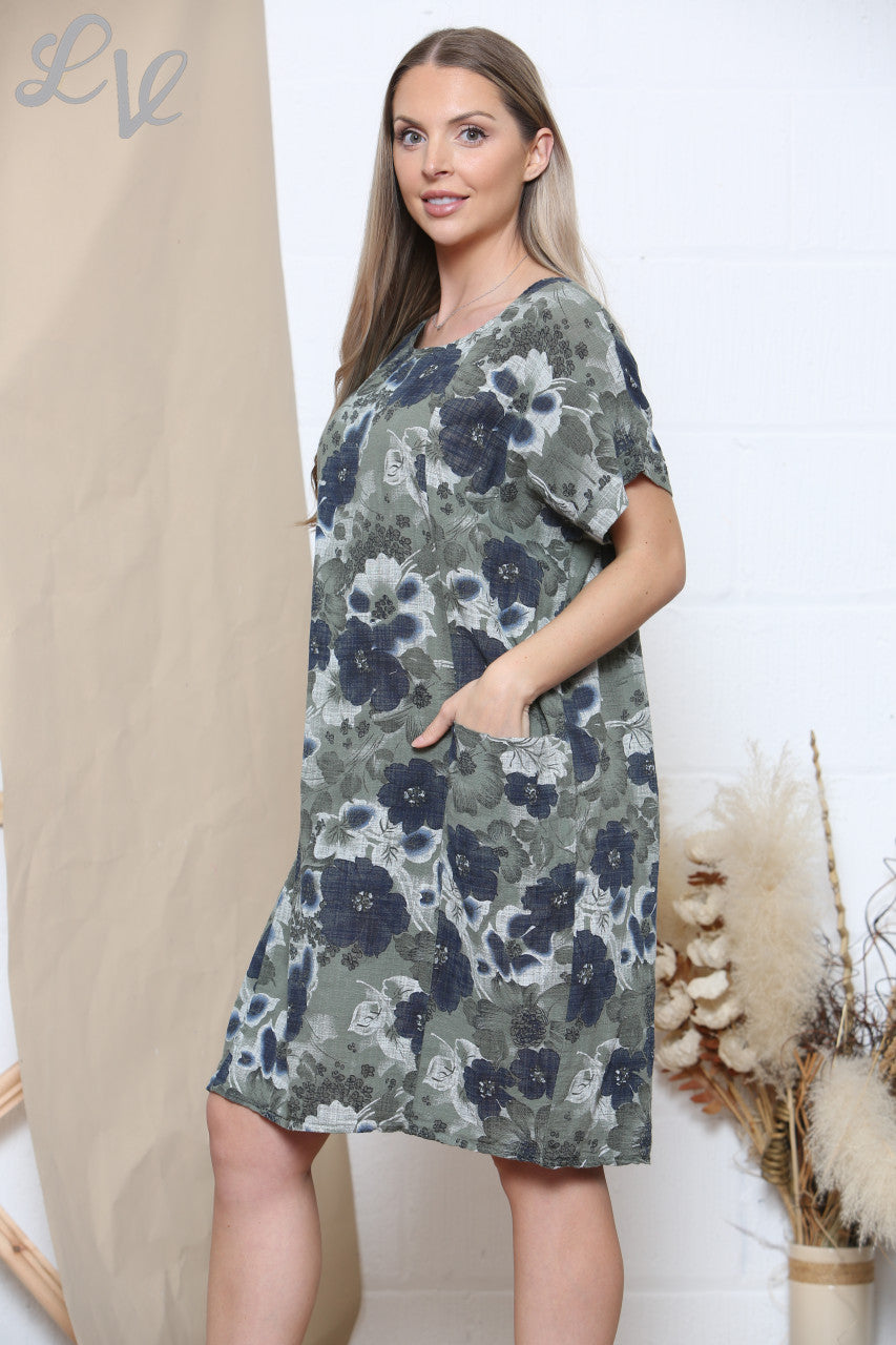 Ladies Floral Mix Print Pocket Dress Khaki