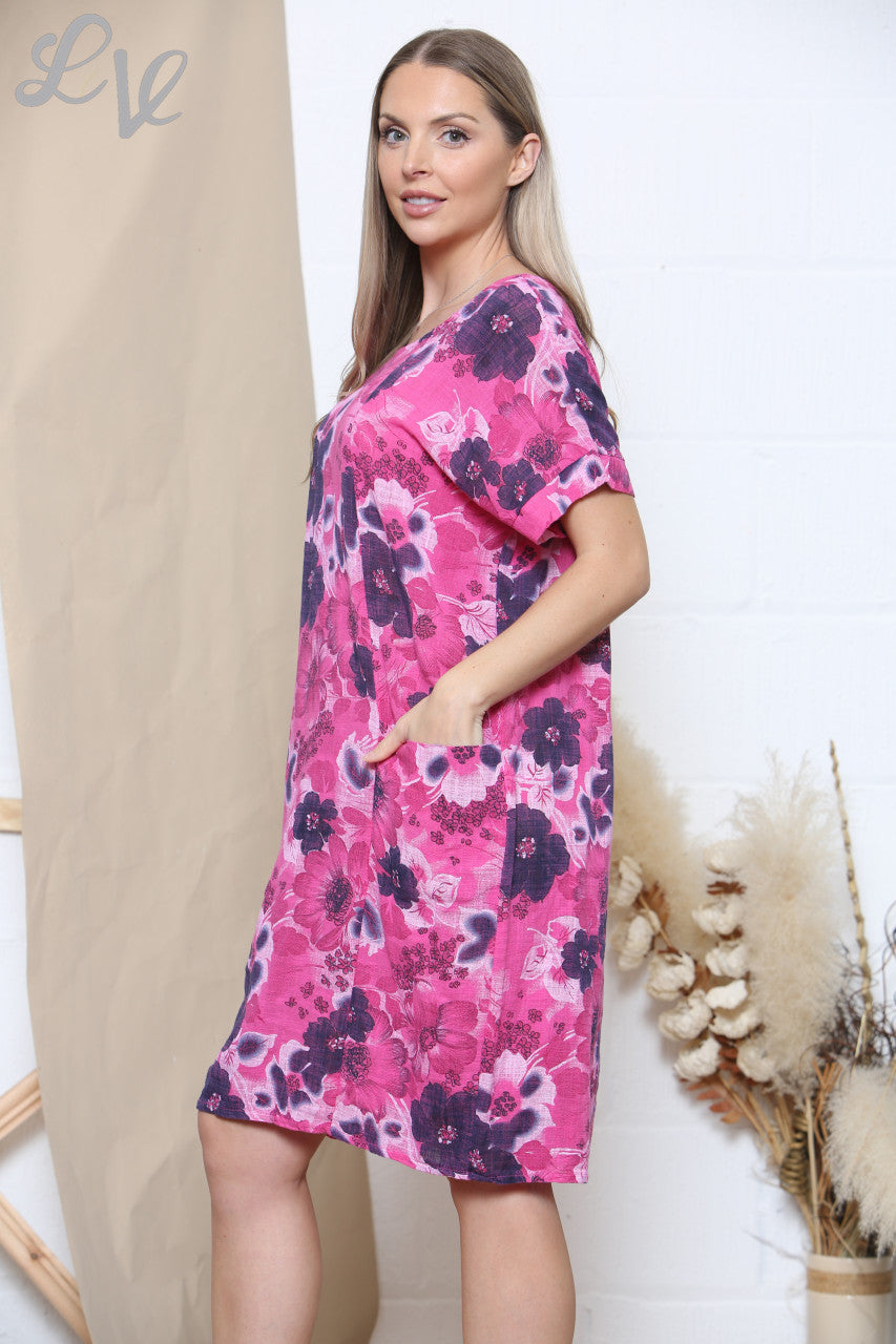 Ladies Floral Mix Print Pocket Dress Cerise