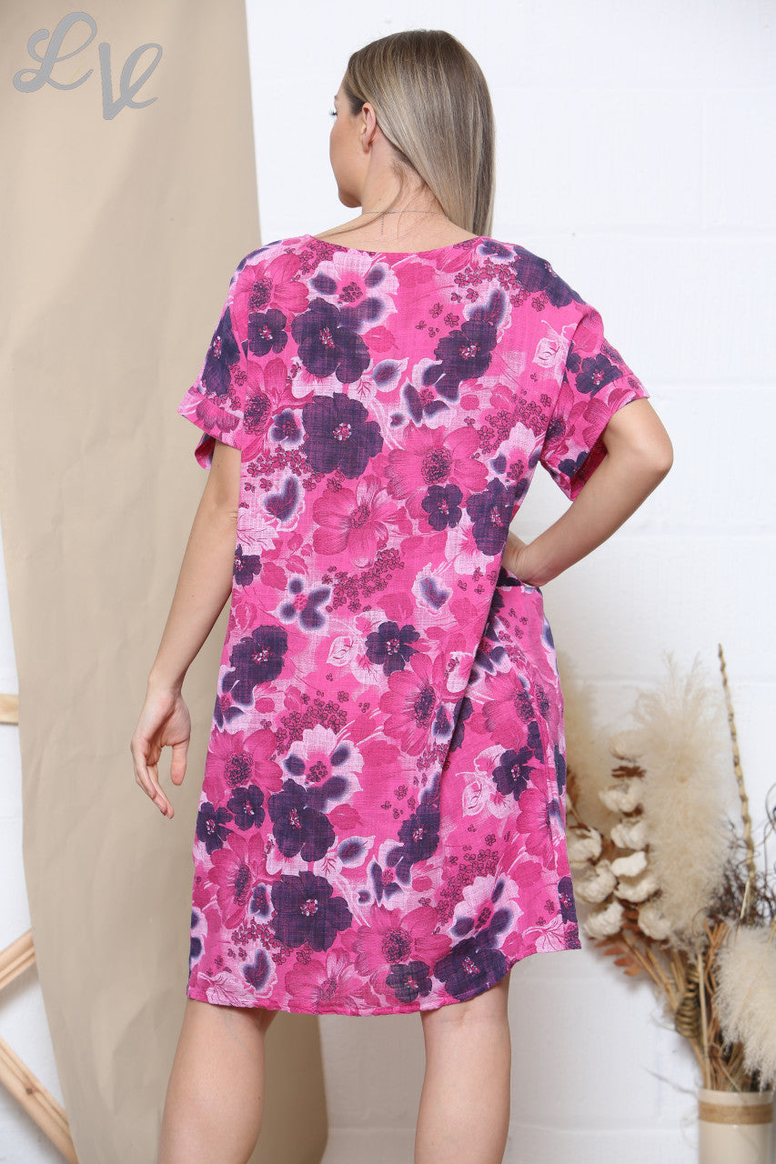 Ladies Floral Mix Print Pocket Dress Cerise