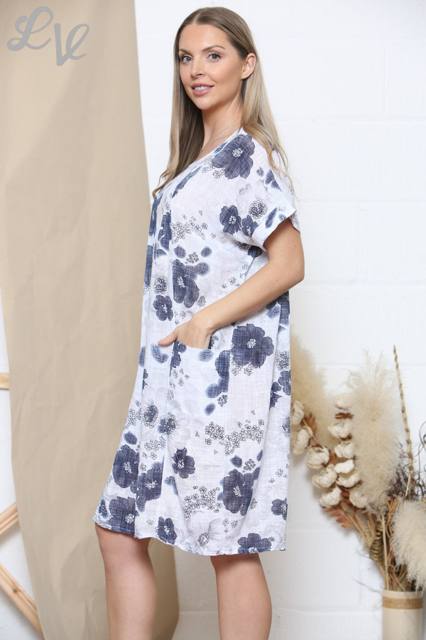 Ladies Floral Mix Print Pocket Dress White