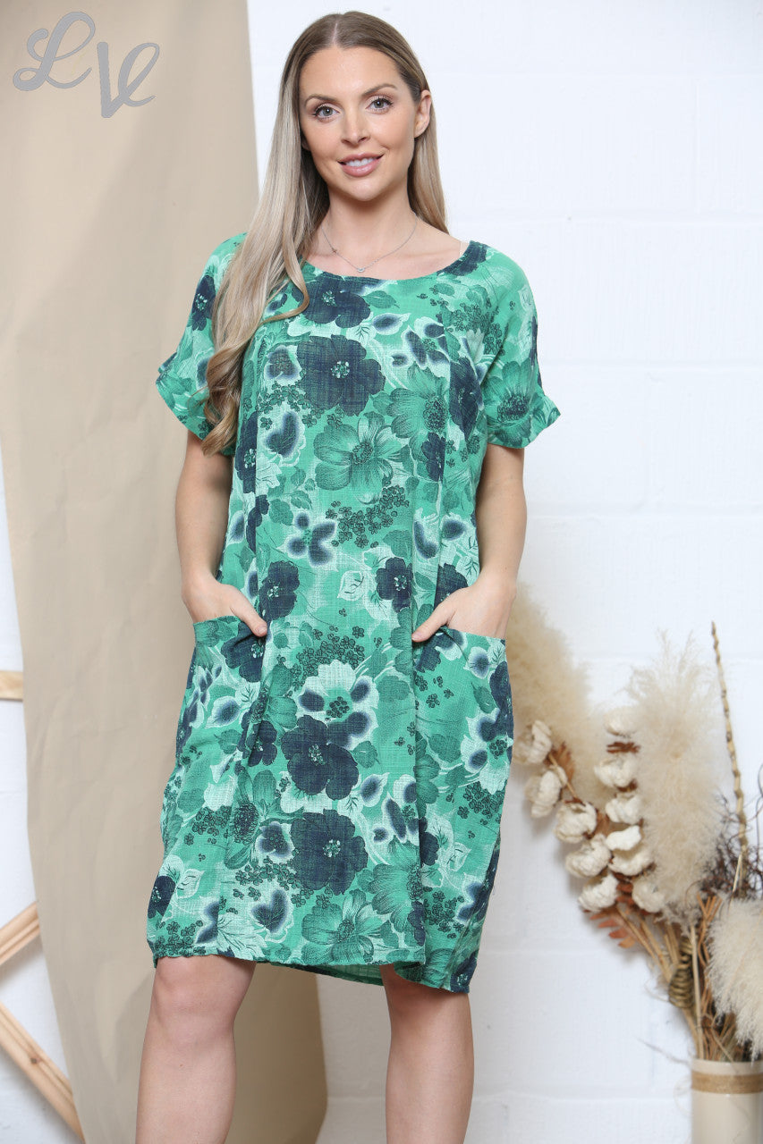 Ladies Floral Mix Print Pocket Dress Green
