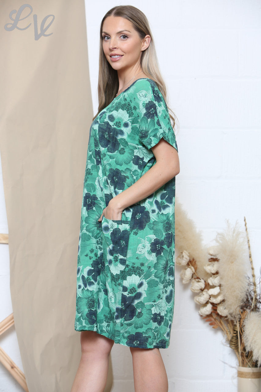 Ladies Floral Mix Print Pocket Dress Green
