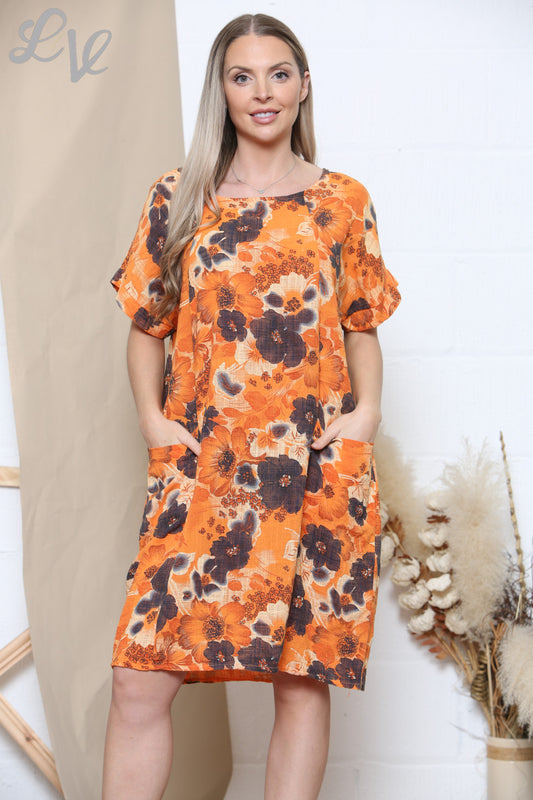 Damesjurk met bloemenprint, zakken en gemengde kleuren - Oranje