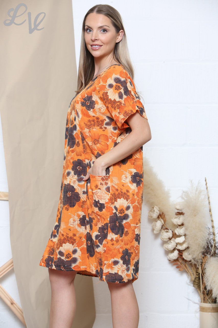 Ladies Floral Mix Print Pocket Dress Orange