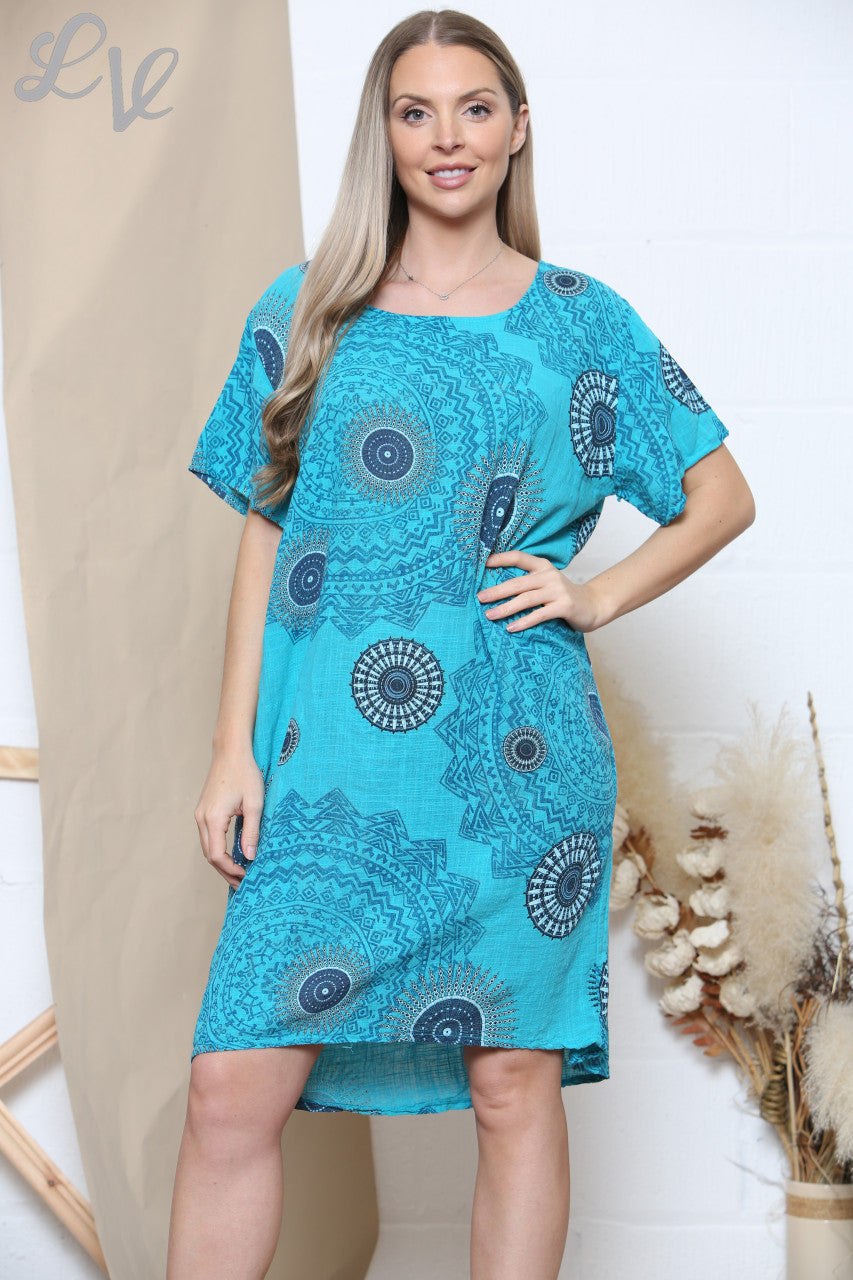 Ladies Tribal Print Pocket Dress Turquoise