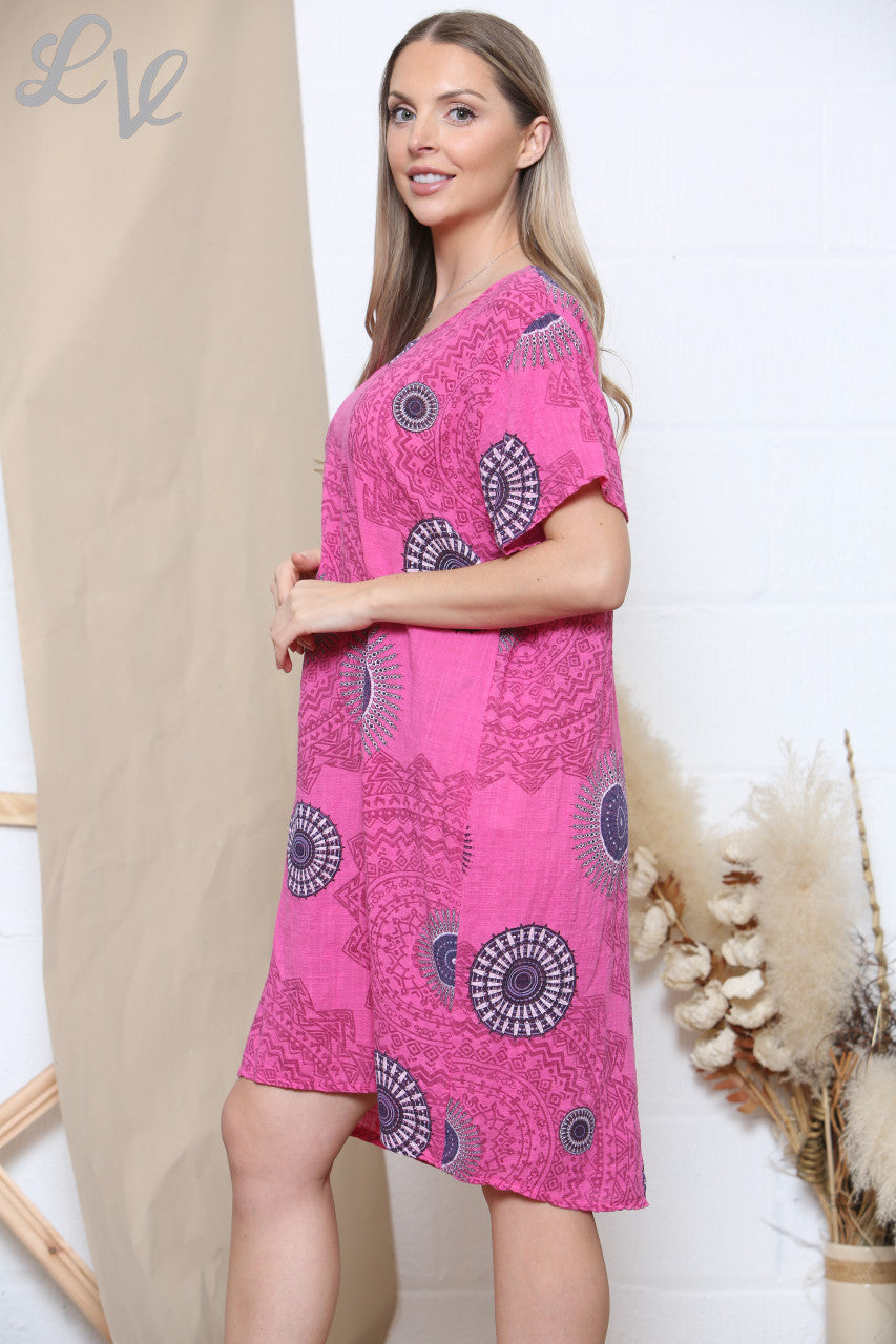 Ladies Tribal Print Pocket Dress Cerise