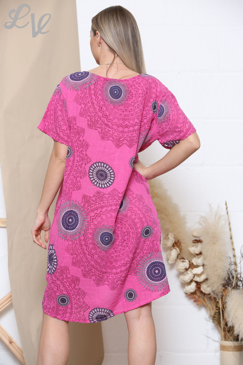 Ladies Tribal Print Pocket Dress Cerise