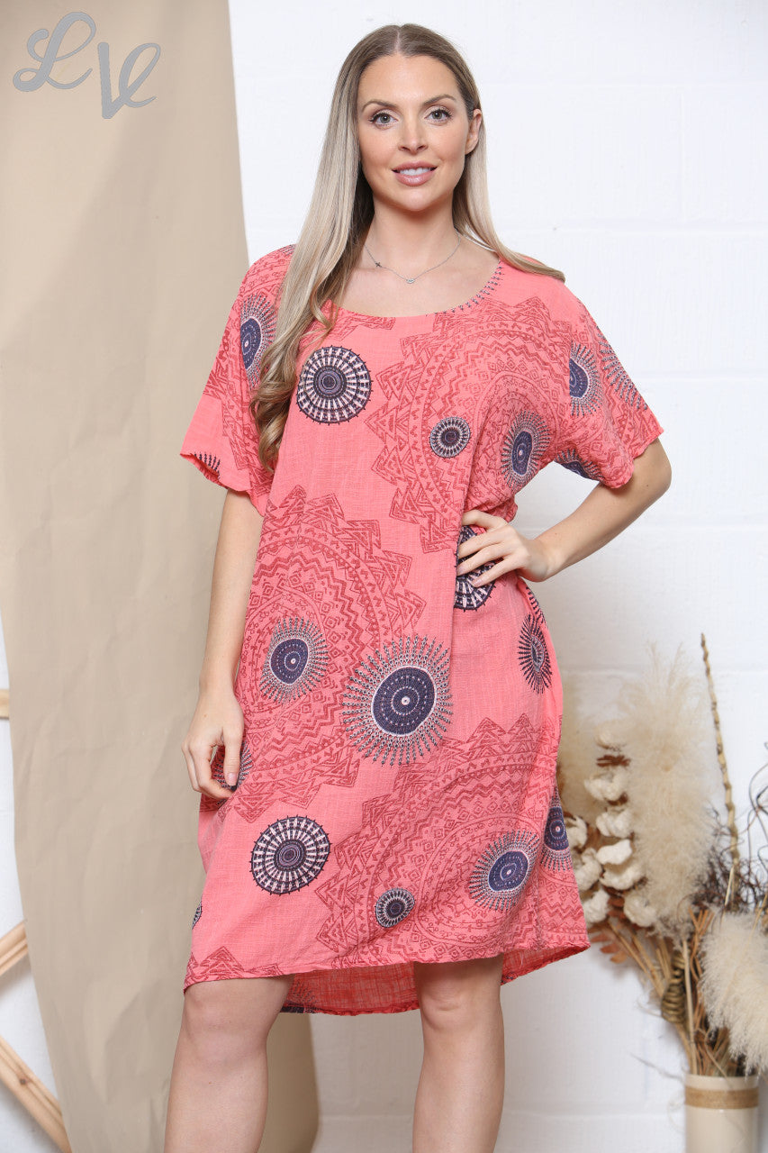 Damesjurk met Tribal Print en Zakken Koraal