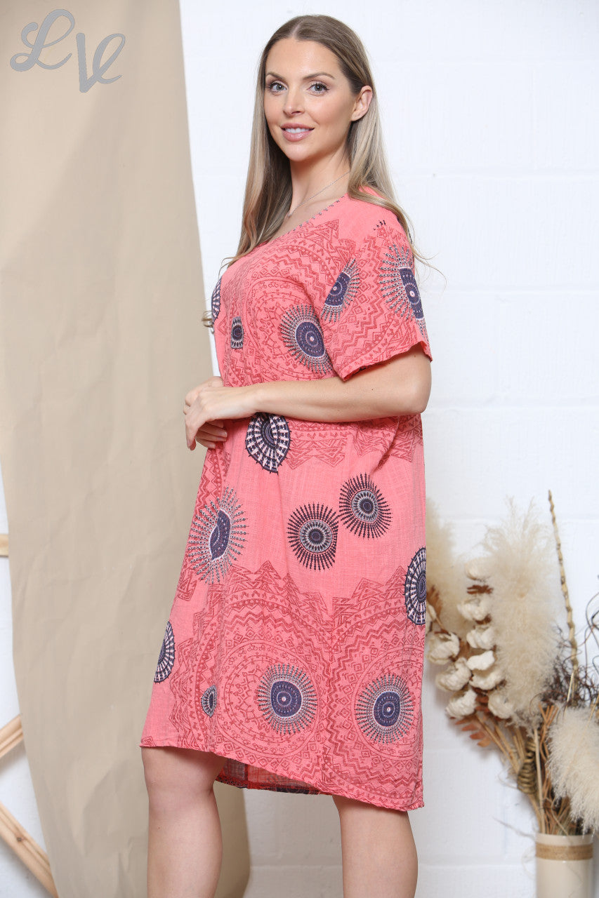 Damesjurk met Tribal Print en Zakken Koraal