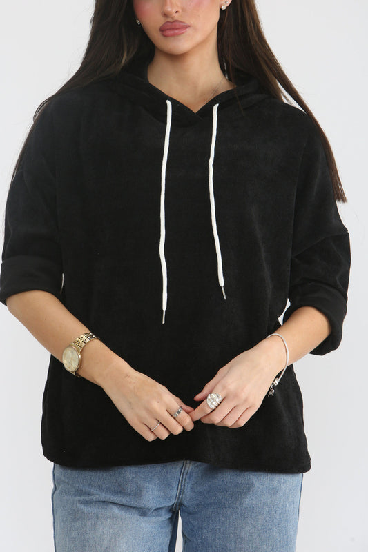 CORDUROY HOODED TOP - BLACK